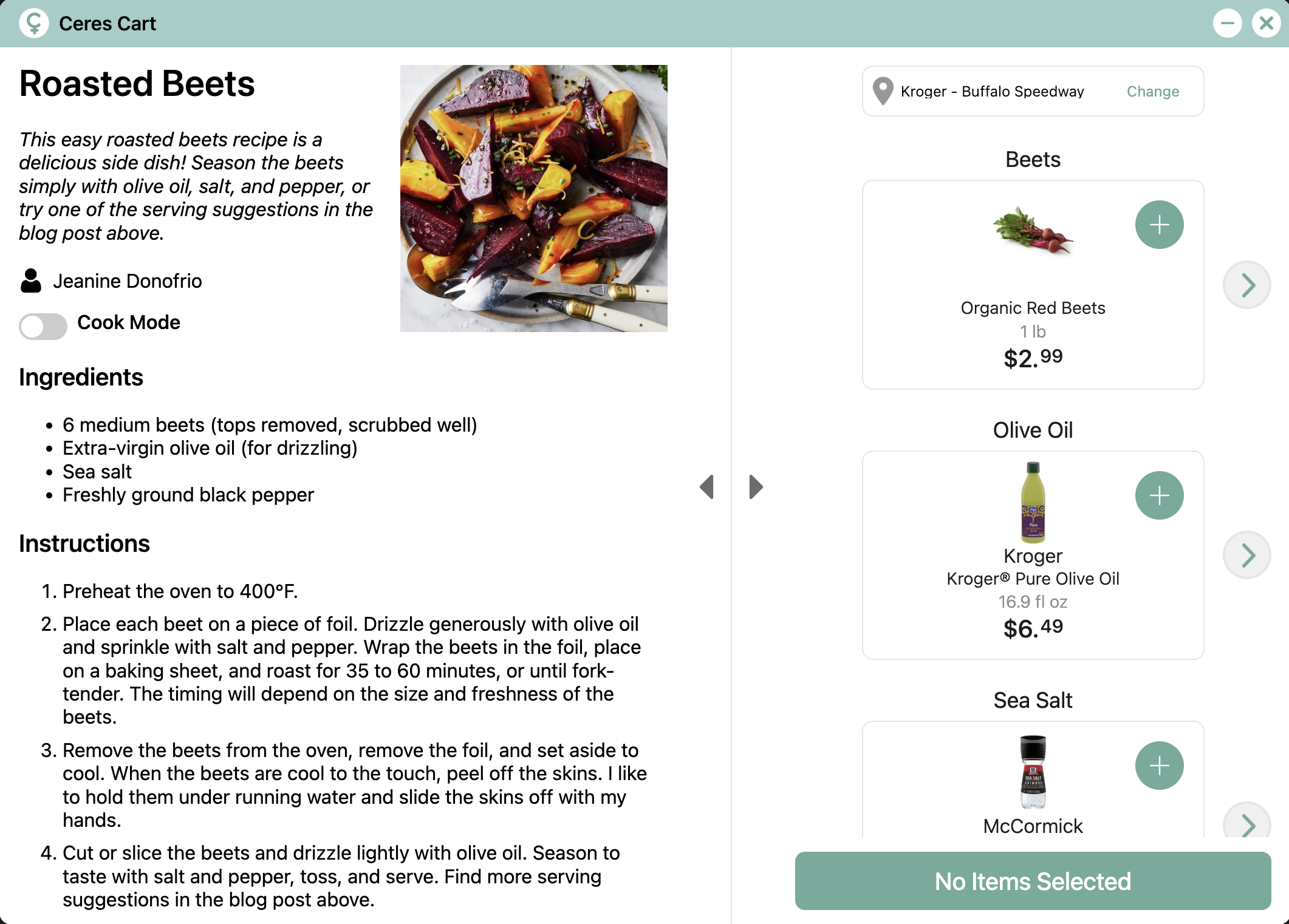 Ceres Cart UI showing ad-free recipe and grocery cart
